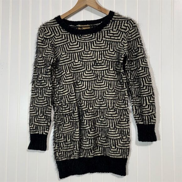 Katsumi Sweaters - Katsumi Black White Geometric Fuzzy Knit Sweater Dress Tunic Long Sleeve Small